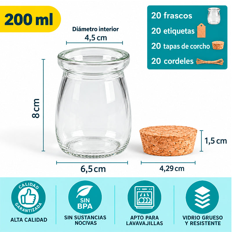 20 Frascos De Vidrio 200ml Con Tapa De Corcho+soga+etiqueta