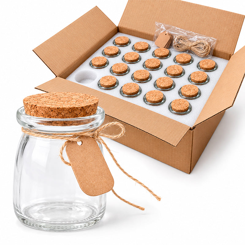 20 Frascos De Vidrio 200ml Con Tapa De Corcho+soga+etiqueta