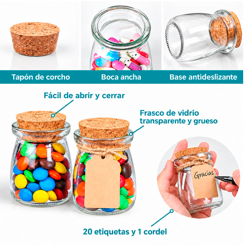 20 Frascos De Vidrio 200ml Con Tapa De Corcho+soga+etiqueta
