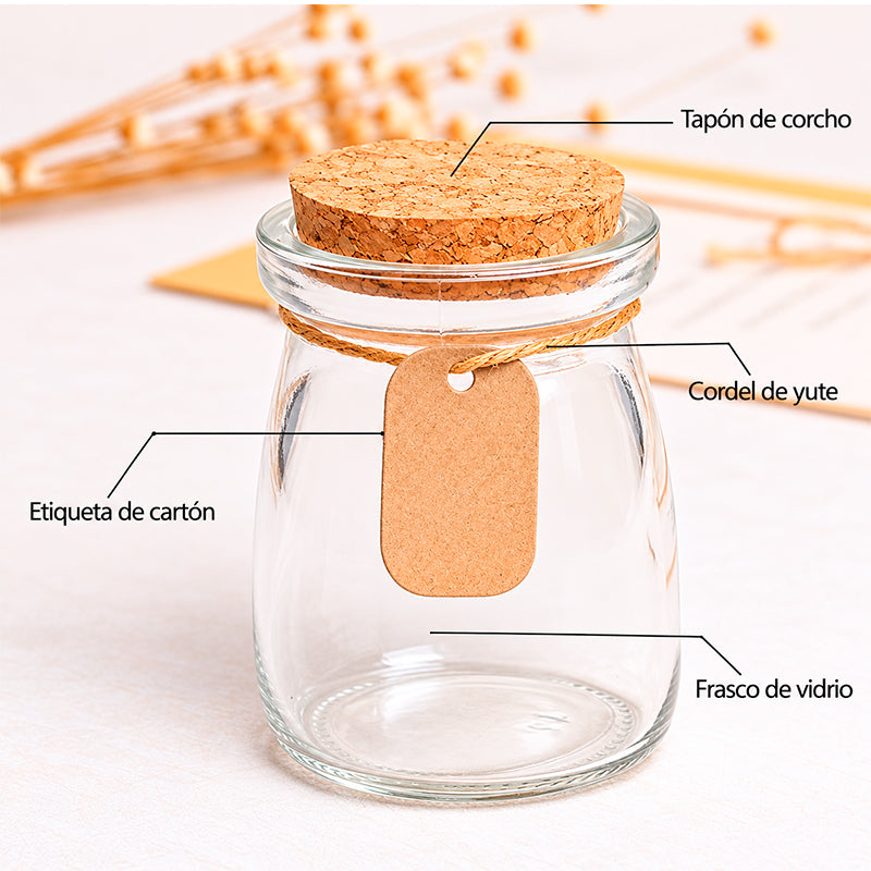 20 Frascos De Vidrio 200ml Con Tapa De Corcho+soga+etiqueta