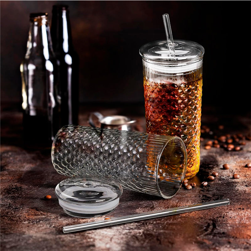 Vaso de Vidrio en Relieve con Tapa y Bombilla 650ml