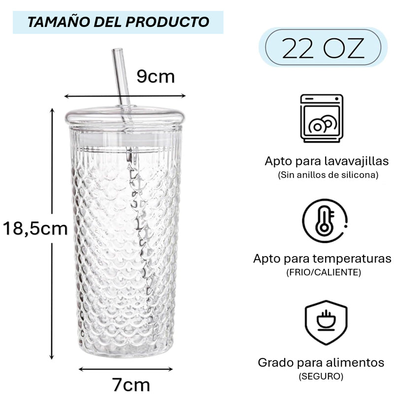 Vaso de Vidrio en Relieve con Tapa y Bombilla 650ml