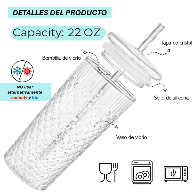 Vaso de Vidrio en Relieve con Tapa y Bombilla 650ml