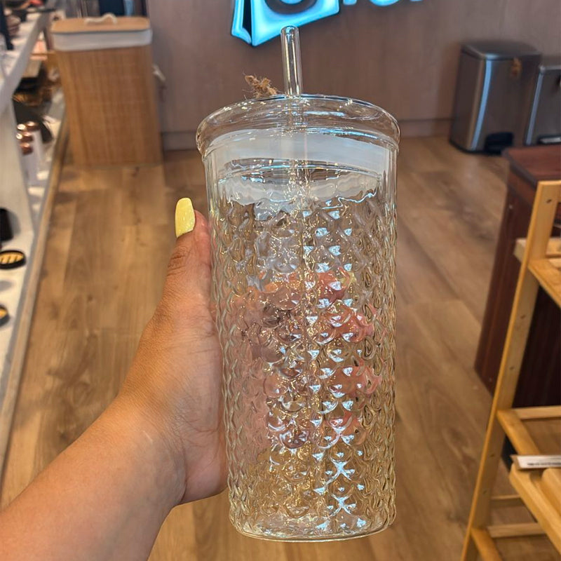 Vaso de Vidrio en Relieve con Tapa y Bombilla 650ml