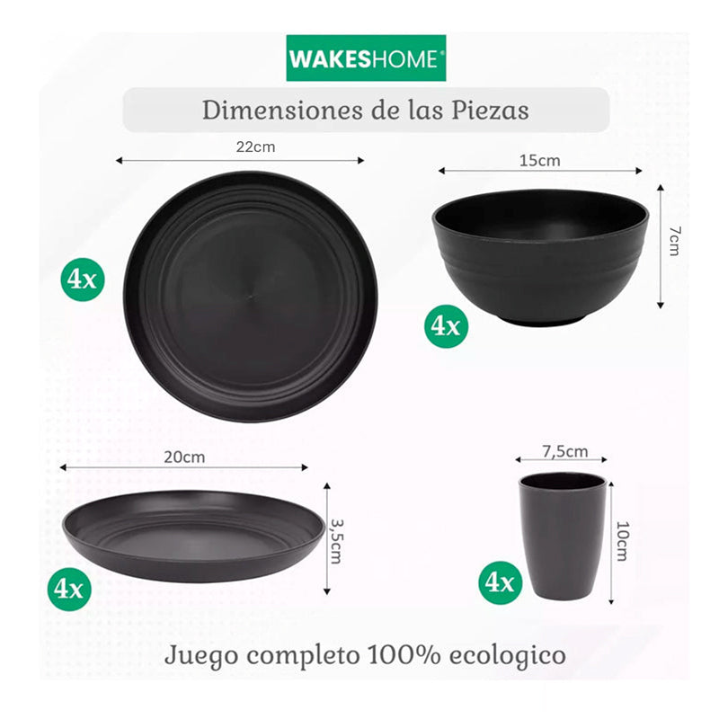 Juego De Vajilla Paja Trigo De 16 Pzas Para 4 Personas Negro