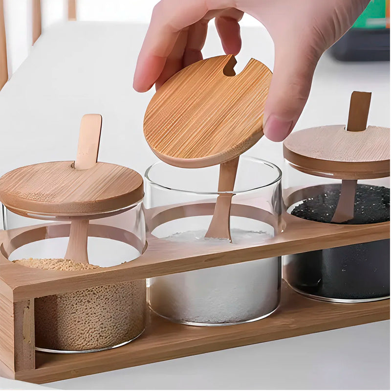 Set 3 frascos vidrio tapa bambú con Soporte Organizadores de Cocina