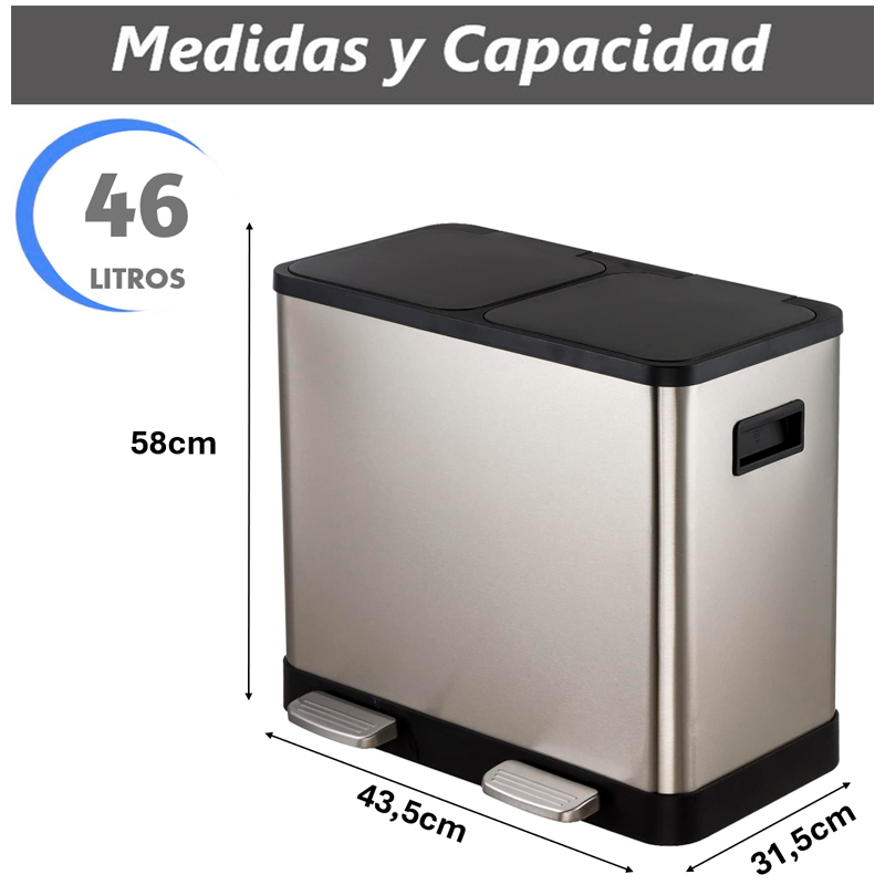 Cubo De Basura Doble Contenedor De Acero Inoxidable 46 Litros Basurero Hogar Plateado