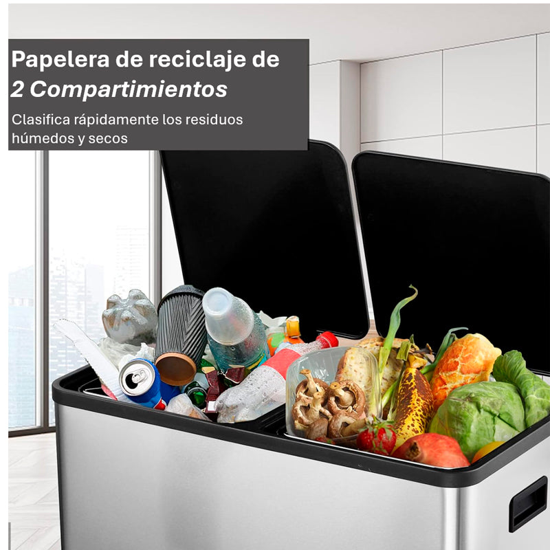 Cubo De Basura Doble Contenedor De Acero Inoxidable 46 Litros Basurero Hogar Plateado