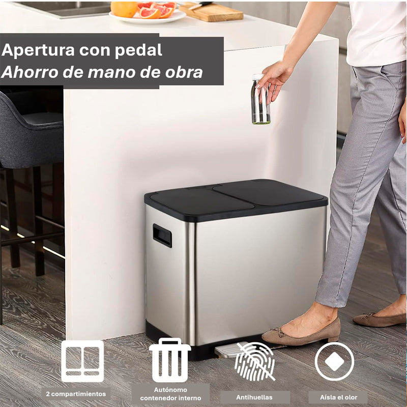 Cubo De Basura Doble Contenedor De Acero Inoxidable 46 Litros Basurero Hogar Plateado