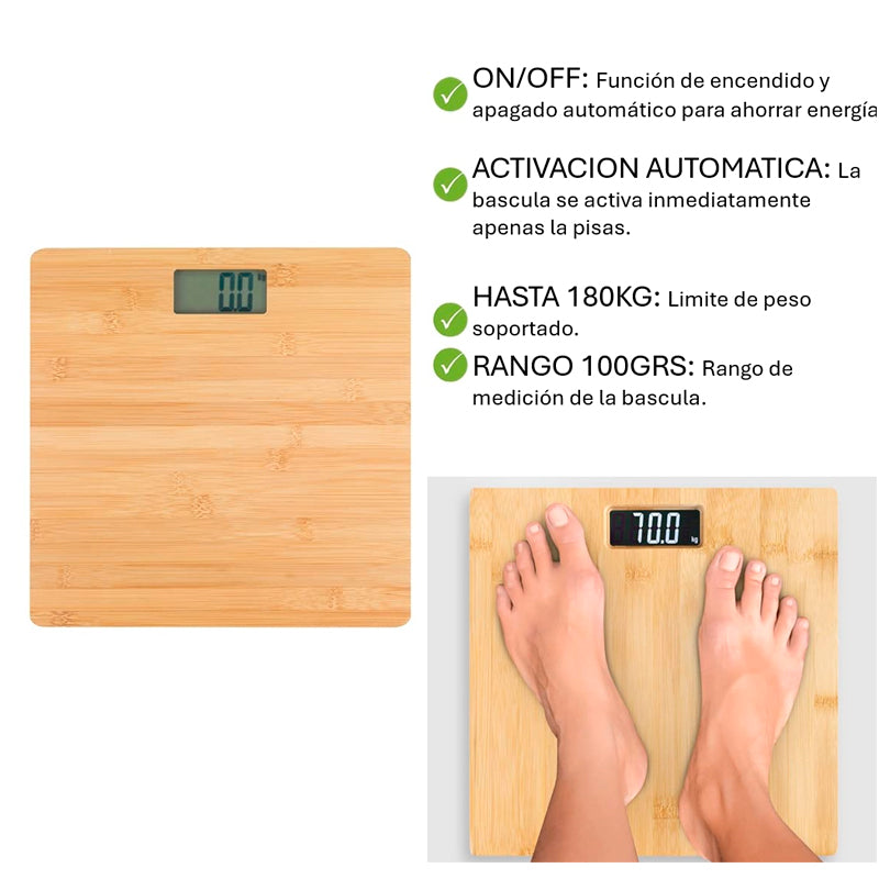 Báscula Digital de Bambú con Pantalla LCD Bascula de Baño 180kg Peso Corporal
