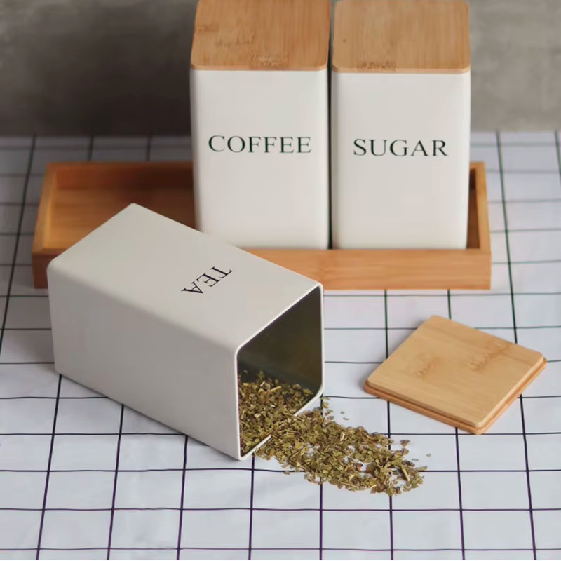 Set de 3 Recipientes de Cocina Hierro con Tapa y Bandeja de Bambu para Café Té y Azúcar