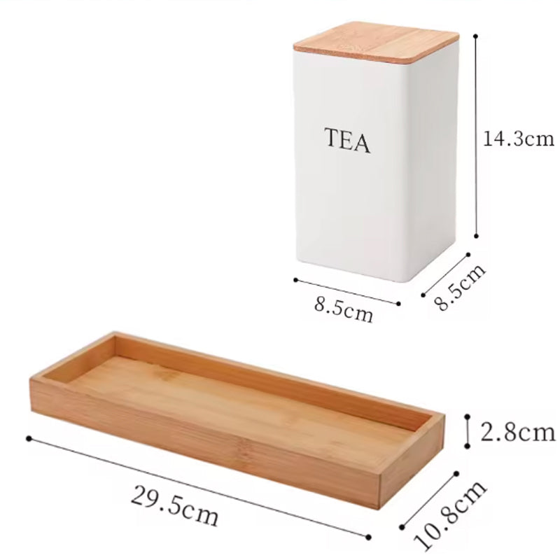 Set de 3 Recipientes de Cocina Hierro con Tapa y Bandeja de Bambu para Café Té y Azúcar