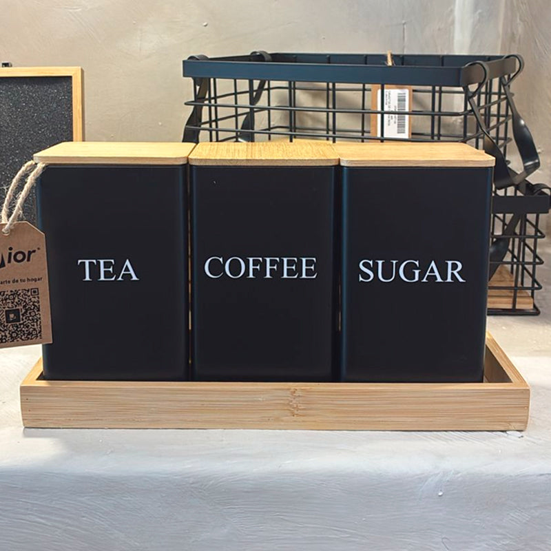 Set de 3 Recipientes de Cocina Hierro con Tapa y Bandeja de Bambu para Café Té y Azúcar