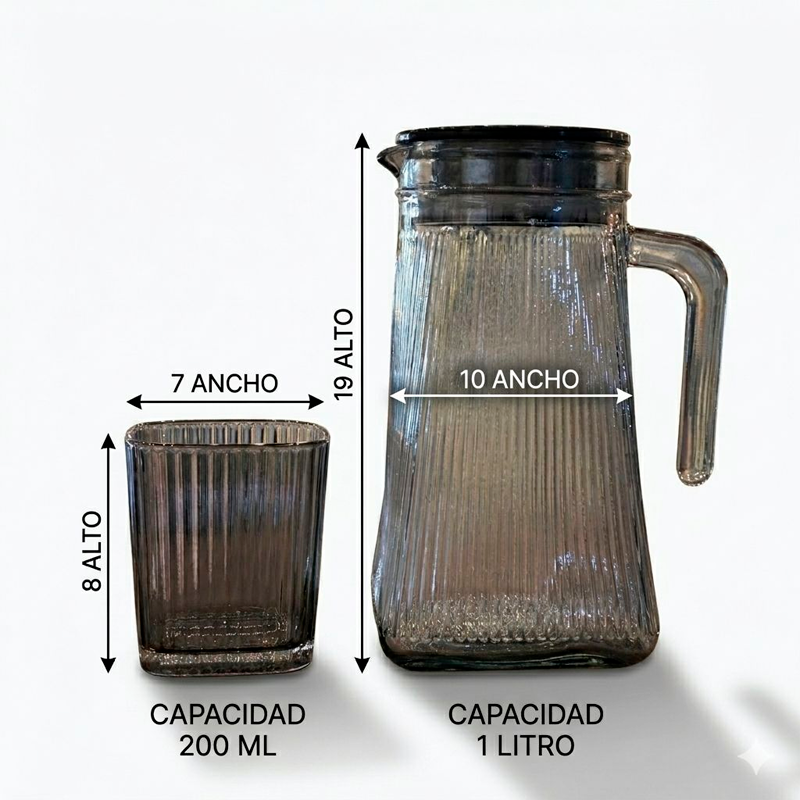 Juego de Jarra De Vidrio Moderna Con Tapa y 6 Vasos Diseño Acanalado