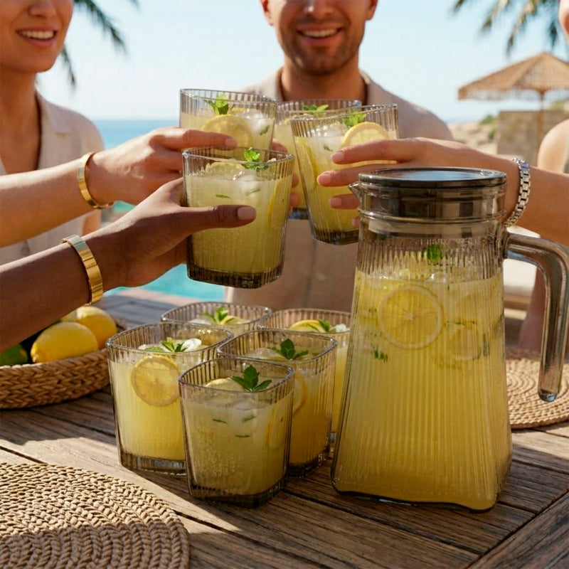 Juego de Jarra De Vidrio Moderna Con Tapa y 6 Vasos Diseño Acanalado