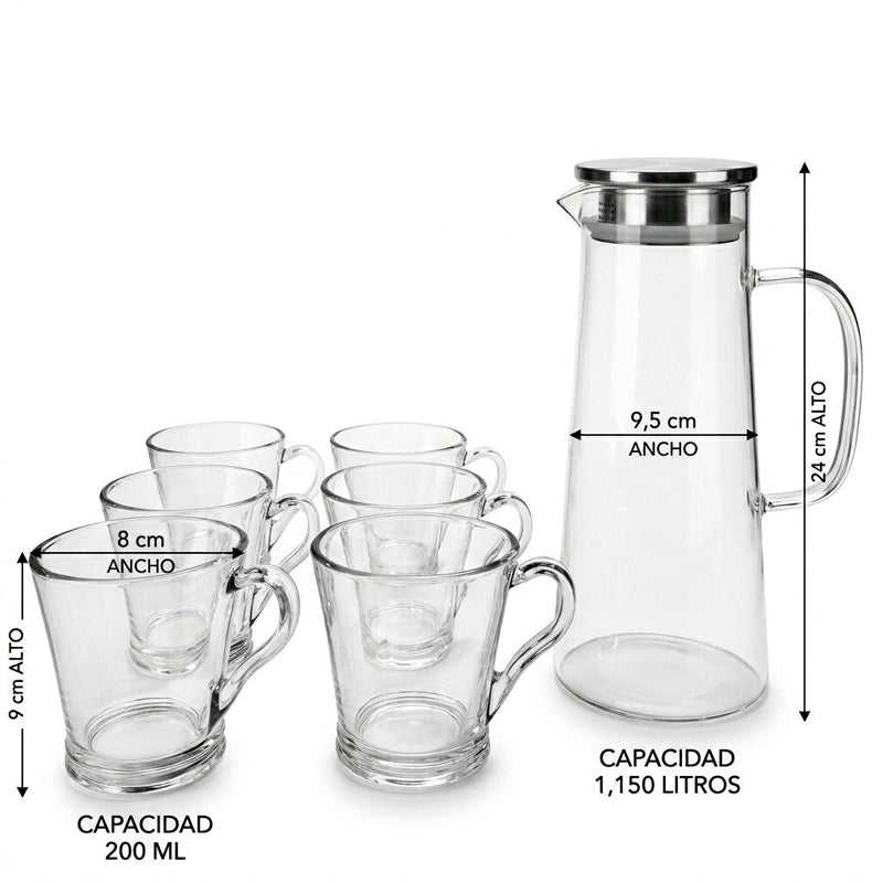 Juego de Jarra De Vidrio Elegante Con Tapa De Acero Inoxidable y 6 Tazas con Asa