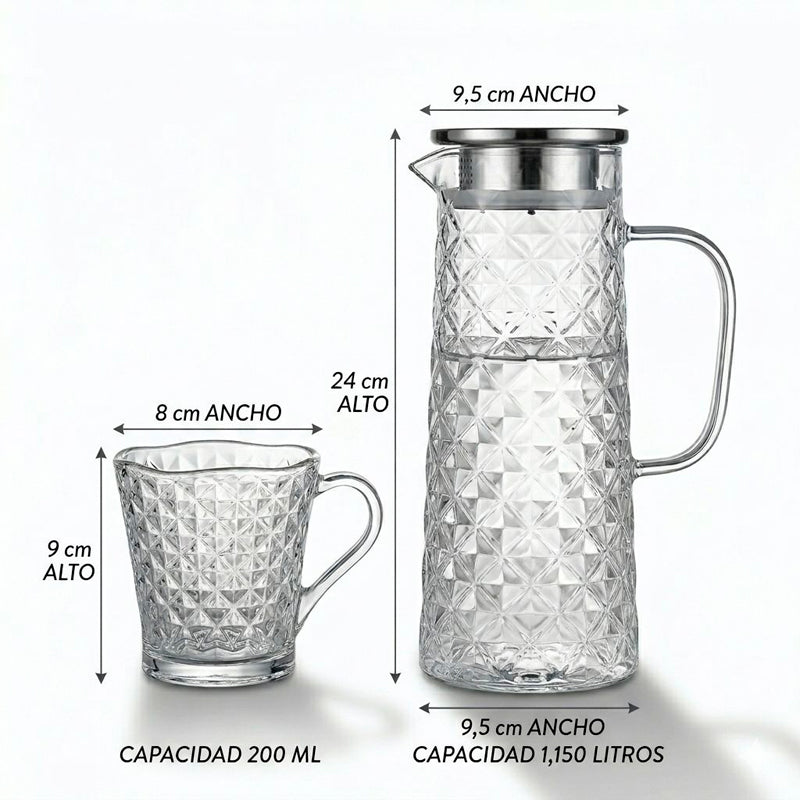Juego de Jarra De Vidrio Moderna Con Tapa De Acero Inoxidable y 6 Tazas Diseño Relieve