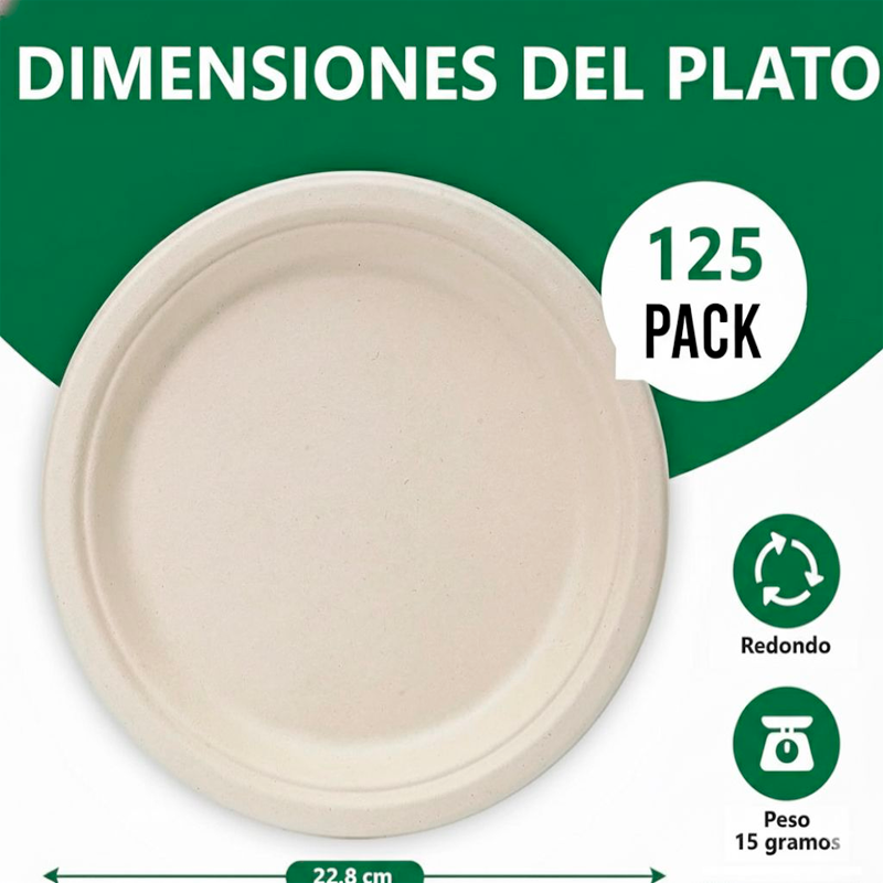 125 Platos Desechables De Papel Compostables Biodegradables Blanco