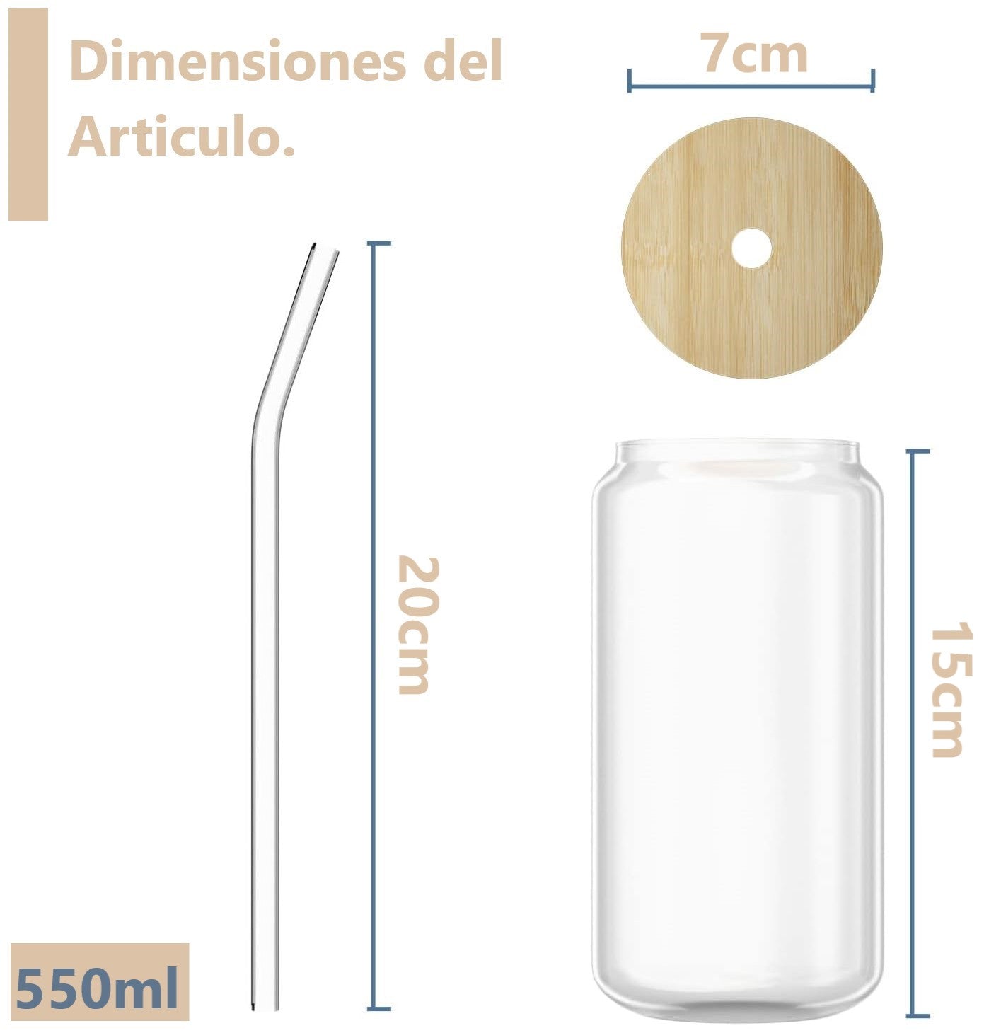 Set de 4 Vasos de Vidrio con Tapa de Bambú y Bombilla 550ml
