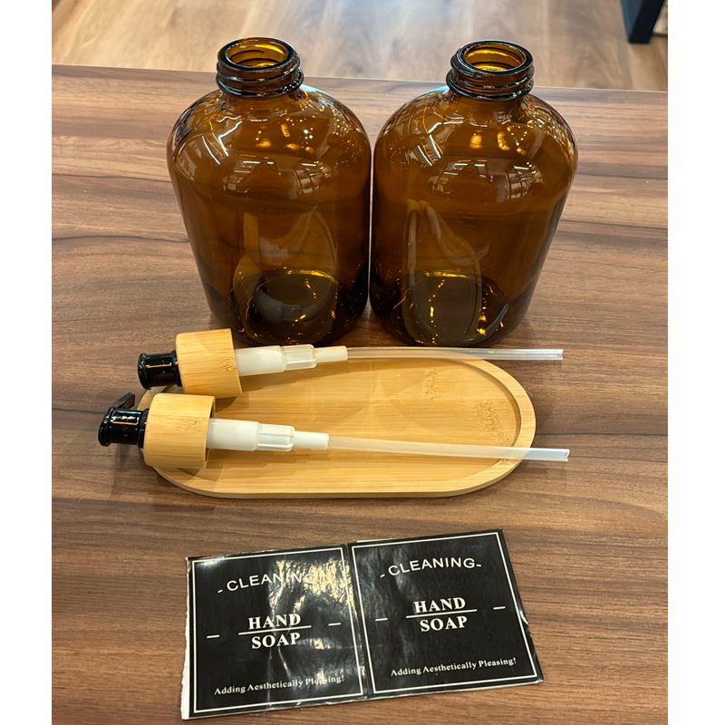 2 Dispensador De Jabon Botella Vidrio Ambar 500 Ml + Bandeja Marrón