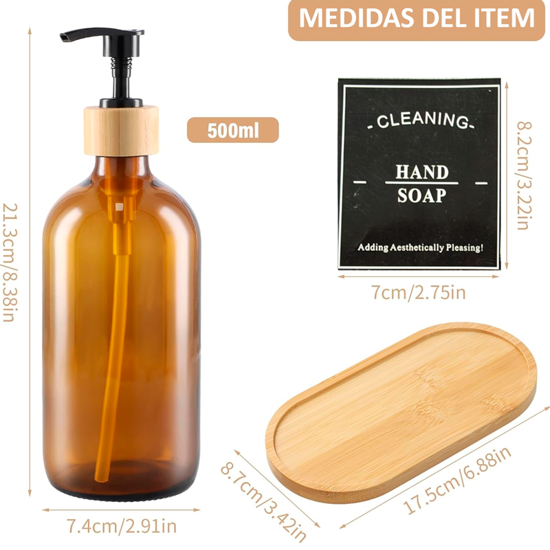 2 Dispensador De Jabon Botella Vidrio Ambar 500 Ml + Bandeja Marrón