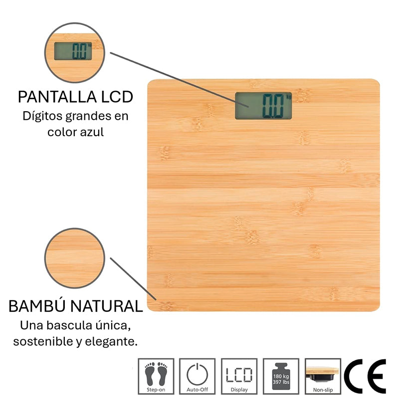 Báscula Digital de Bambú con Pantalla LCD Bascula de Baño 180kg Peso Corporal