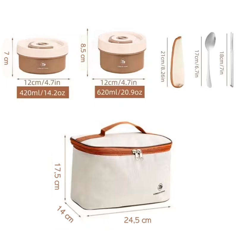 Fiambrera De Acero Inoxidable Set 4 Lonchera Térmica Apilable Multicapa y Estuche