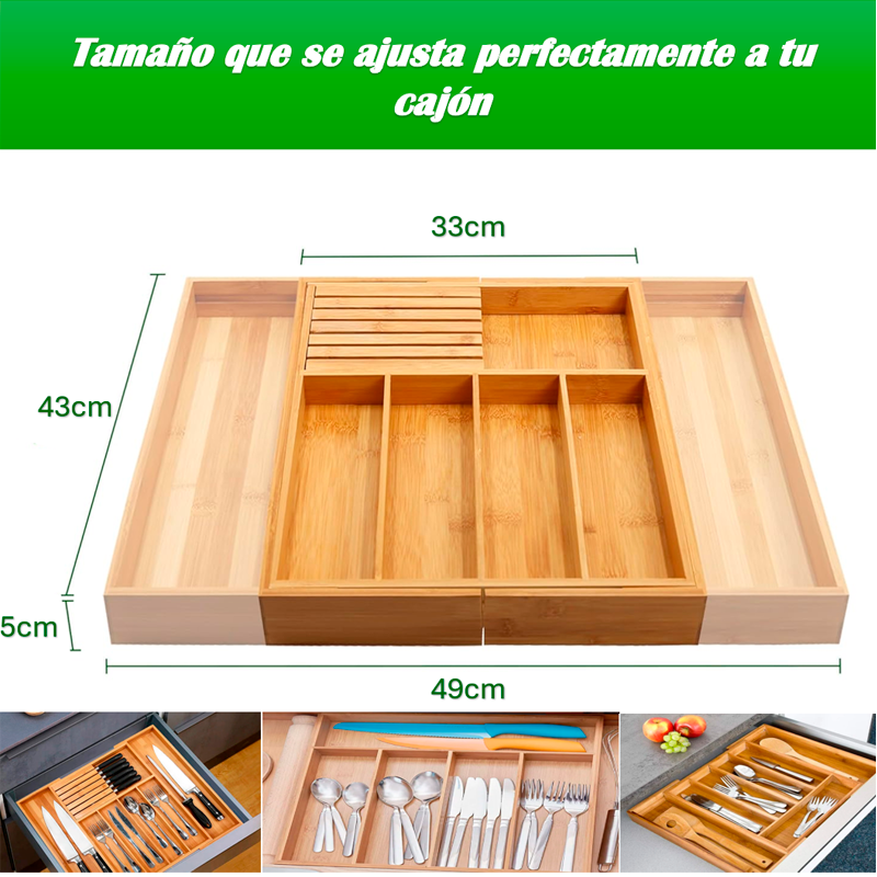 Organizador de Cubiertos para Cajones Organizador de Bambú de Cocina Porta utensilios expandible