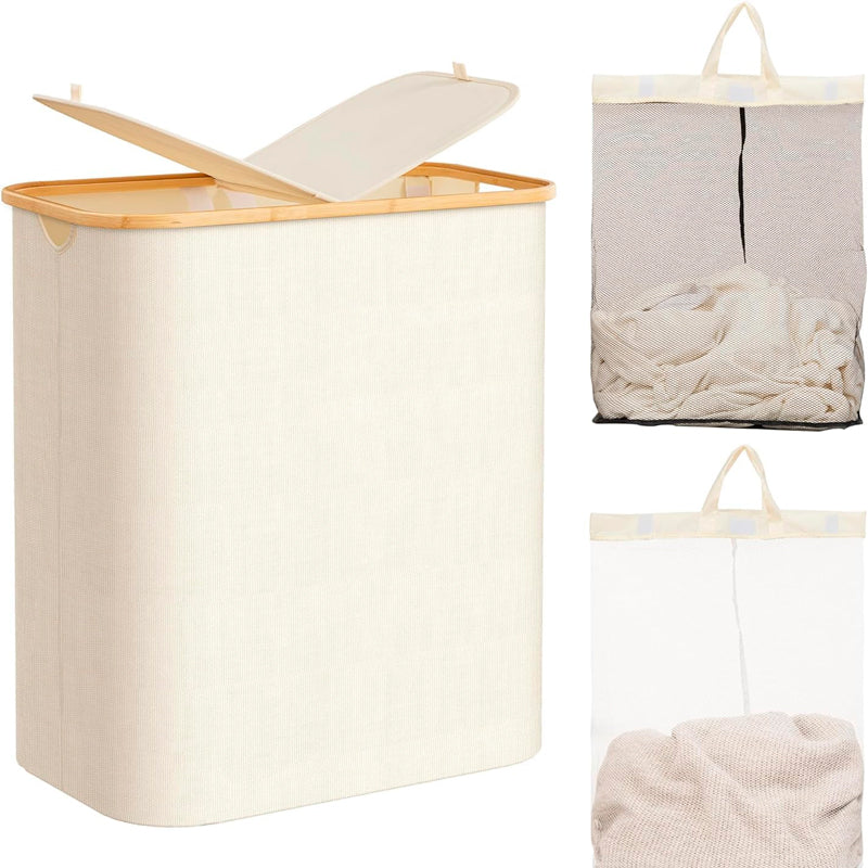 Cesto Doble Ropa Sucia con Tapa Plegable Canasto Bambú Rectangular