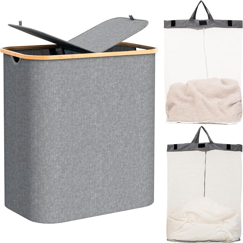 Cesto Doble Ropa Sucia con Tapa Plegable Canasto Bambú Rectangular