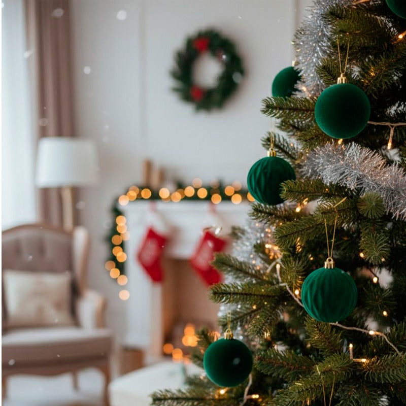 Pack 12 Esferas Bambalinas De Terciopelo Adornos Navidad Rojo Verde