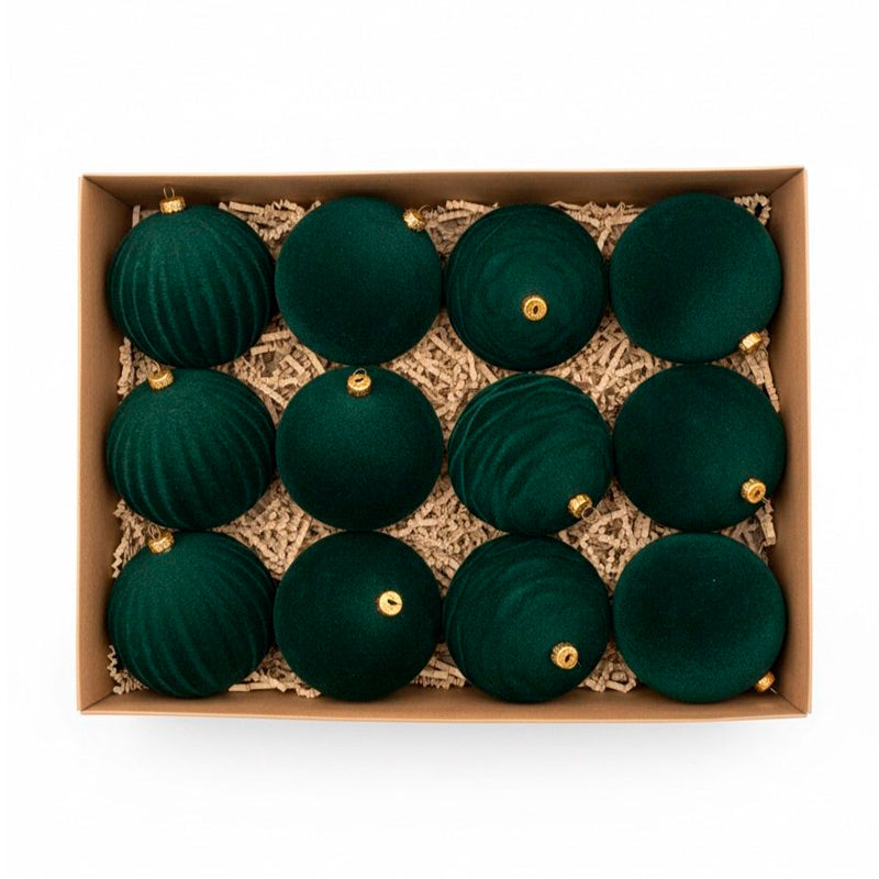 Pack 12 Esferas Bambalinas De Terciopelo Adornos Navidad Rojo Verde