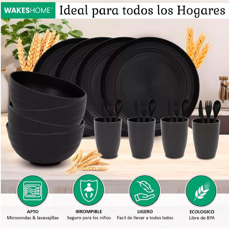 Juego De Vajilla Paja Trigo De 16 Pzas Para 4 Personas Negro