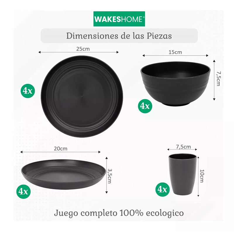 Juego De Vajilla Paja Trigo De 16 Pzas Para 4 Personas Negro