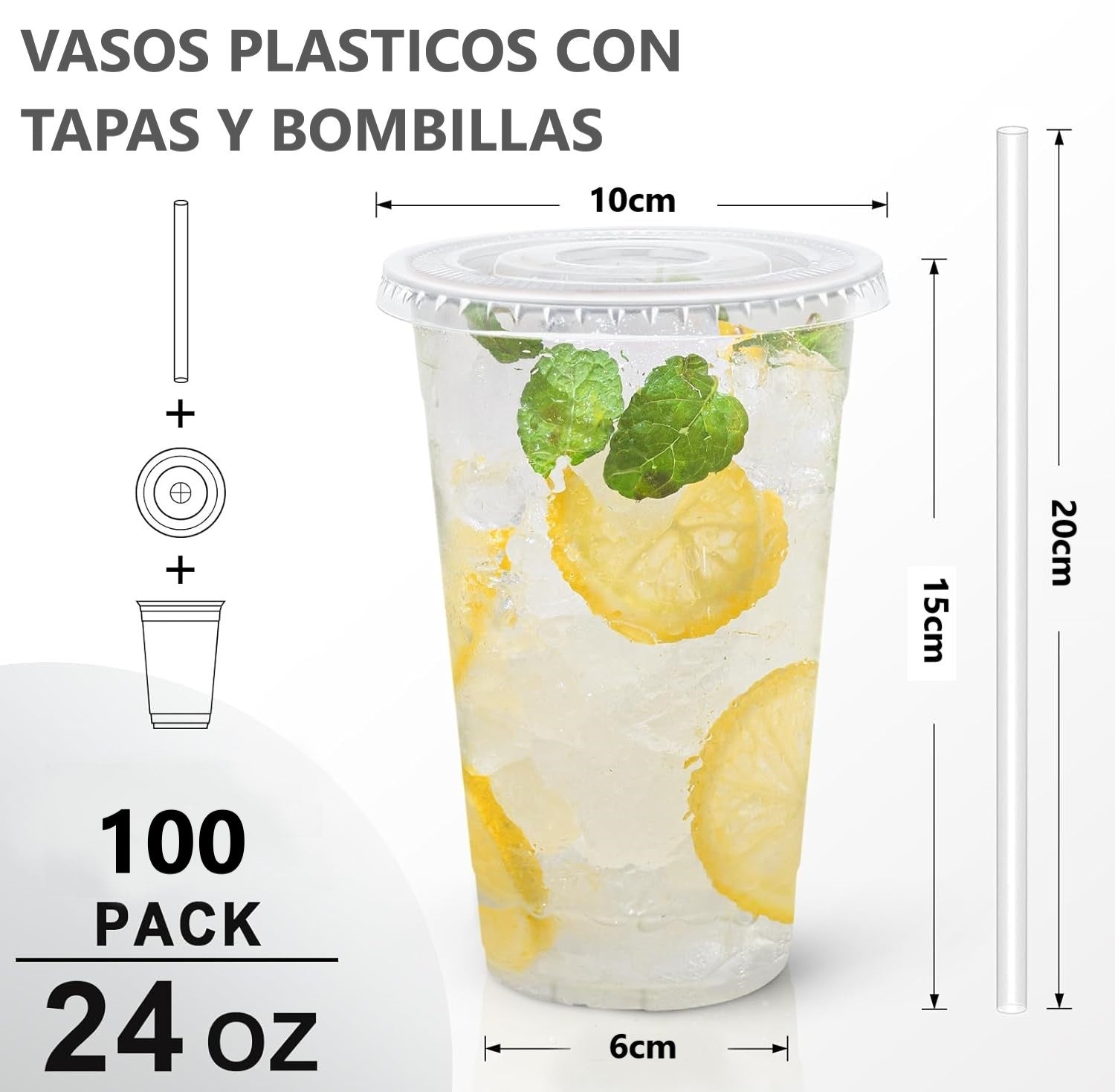 100 Vasos Desechable Plástico Con Tapa Y Bombillas 24 Onzas Transparente