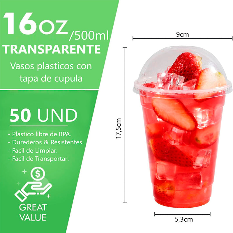 50 Vaso Desechable Plastico Tapa Domo 16oz Vaso Grande 500ml