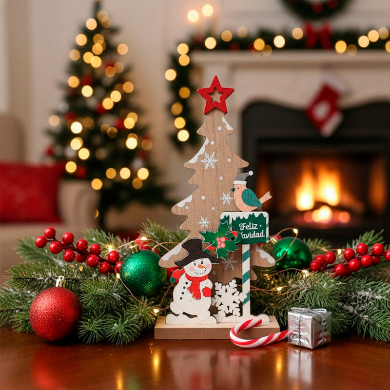 Adorno Navideño 22x11cm Mdf Hombre De Nieve Arbol De Navidad