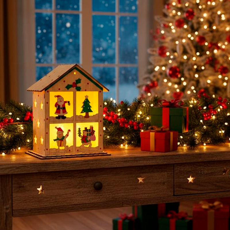 Casita Navideña Iluminada de Madera Adorno Navidad
