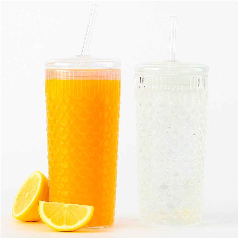 Vaso de Vidrio en Relieve con Tapa y Bombilla 650ml