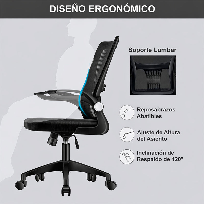 Silla Ergonomica Oficina Soporte Lumbar Ajustable Giratorio Negro