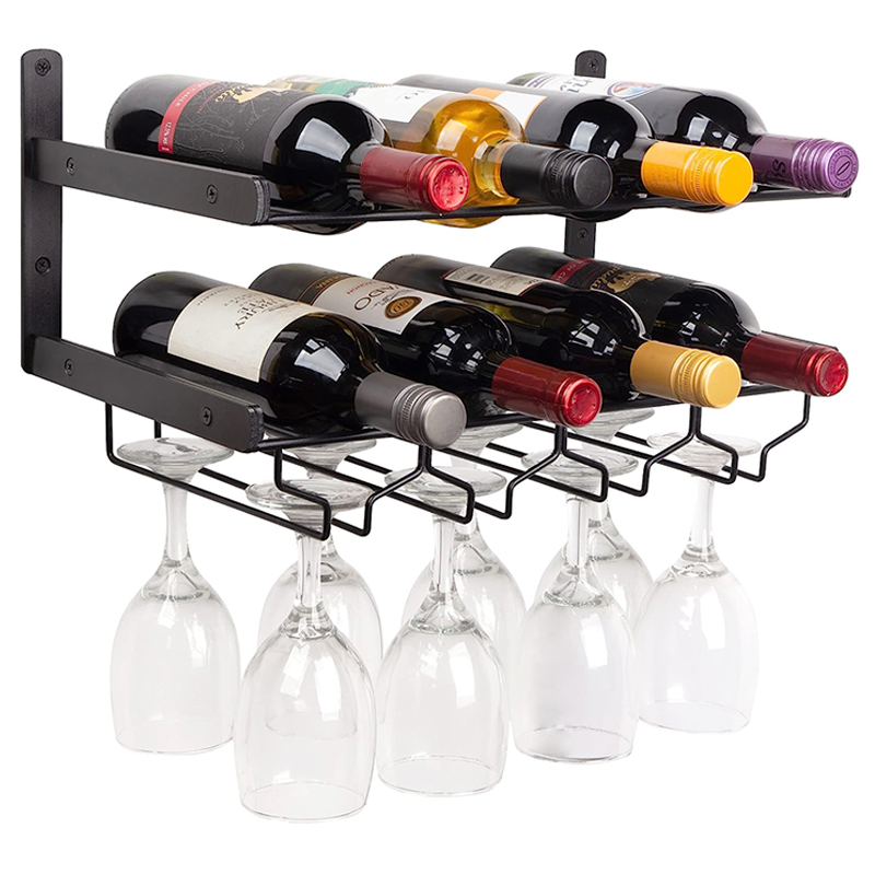 Rack de Almacenamiento de Vino Estante Flotante 2 niveles Soporte para Botellas de Vino y Copas