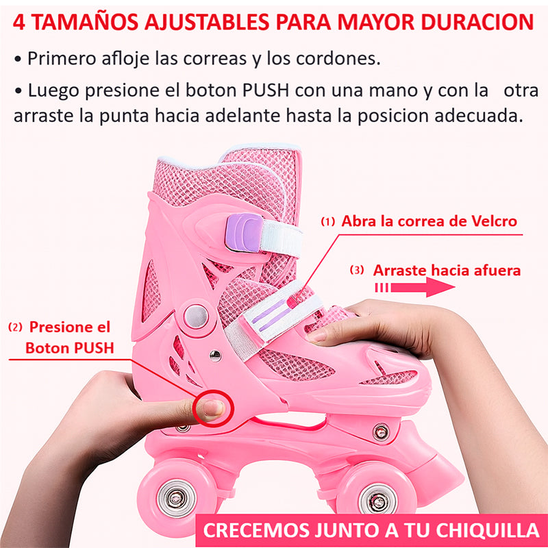 Patines 4 Rueda Rosa Ajustable Para Niña + Kit De Proteccion Rosado