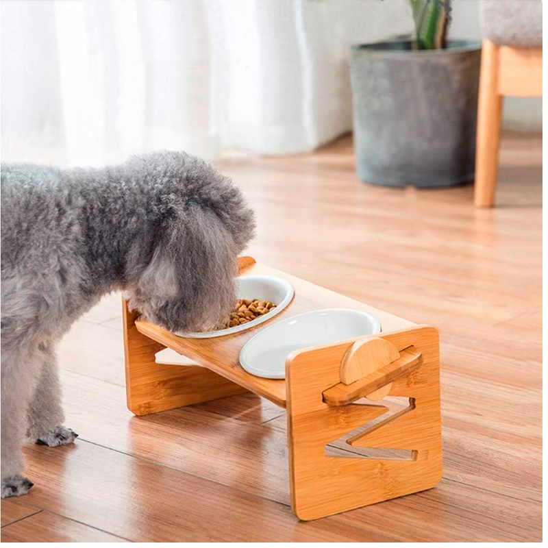 Comedero Elevado para Mascotas Cuenco Ajustable de Bambu Natural para Perros y Gatos