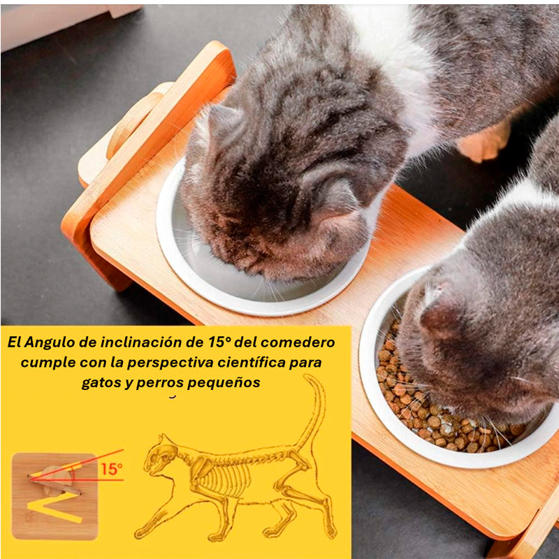 Comedero Elevado para Mascotas Cuenco Ajustable de Bambu Natural para Perros y Gatos