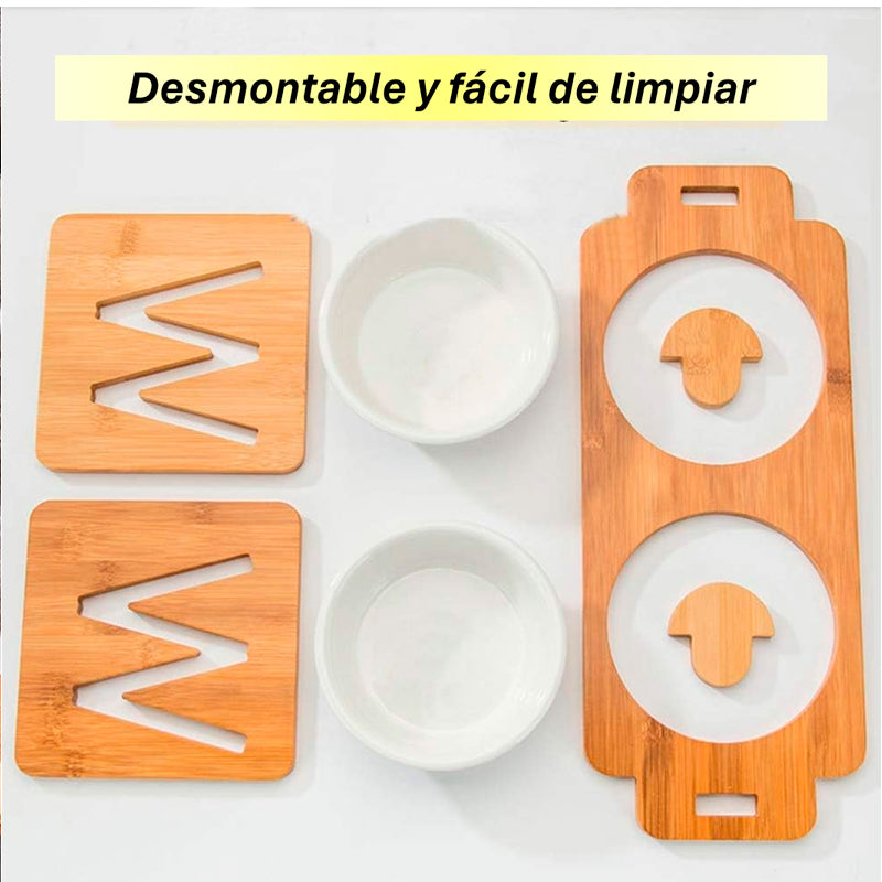 Comedero Elevado para Mascotas Cuenco Ajustable de Bambu Natural para Perros y Gatos