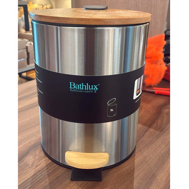 Papelera Bathlux Cilíndrica 5L Cubo de Basura Acero Inoxidable Y Bambú