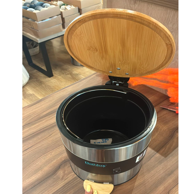 Papelera Bathlux Cilíndrica 5L Cubo de Basura Acero Inoxidable Y Bambú