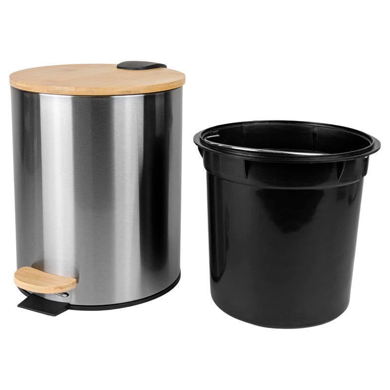 Papelera Bathlux Cilíndrica 5L Cubo de Basura Acero Inoxidable Y Bambú