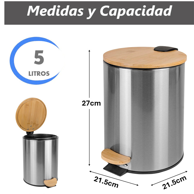 Papelera Bathlux Cilíndrica 5L Cubo de Basura Acero Inoxidable Y Bambú