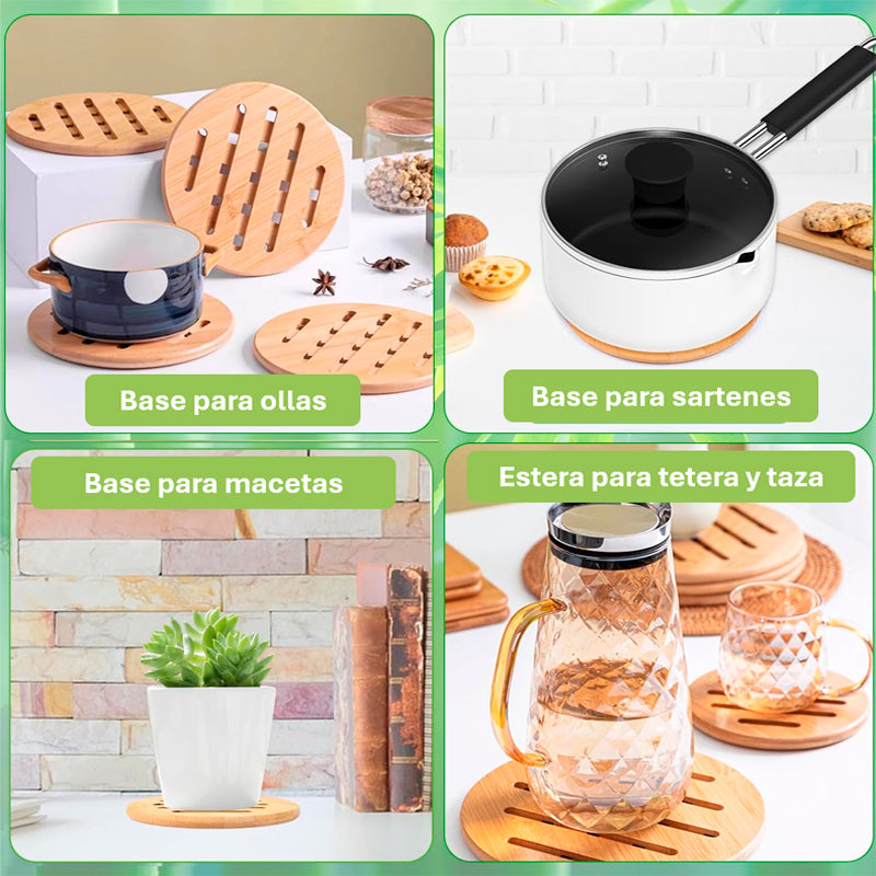 Posavasos de Bambú Resistentes Calor Soportes Ollas Calientes Antideslizante Redondos